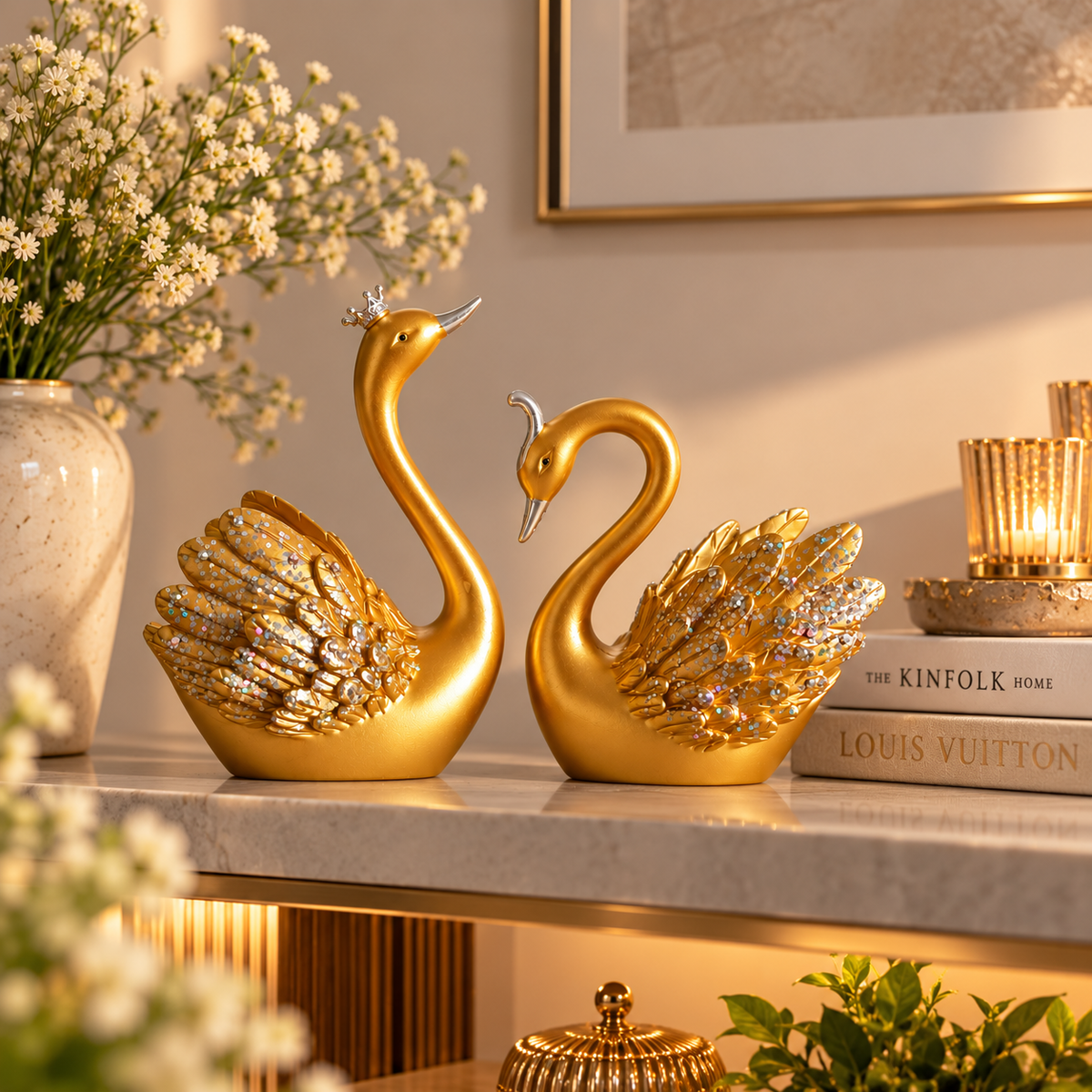 Lucky Swan Couple crystal wings showpiece for Home Living room Decor (Set of 2 Pc) (MEDIUM) (Gold)