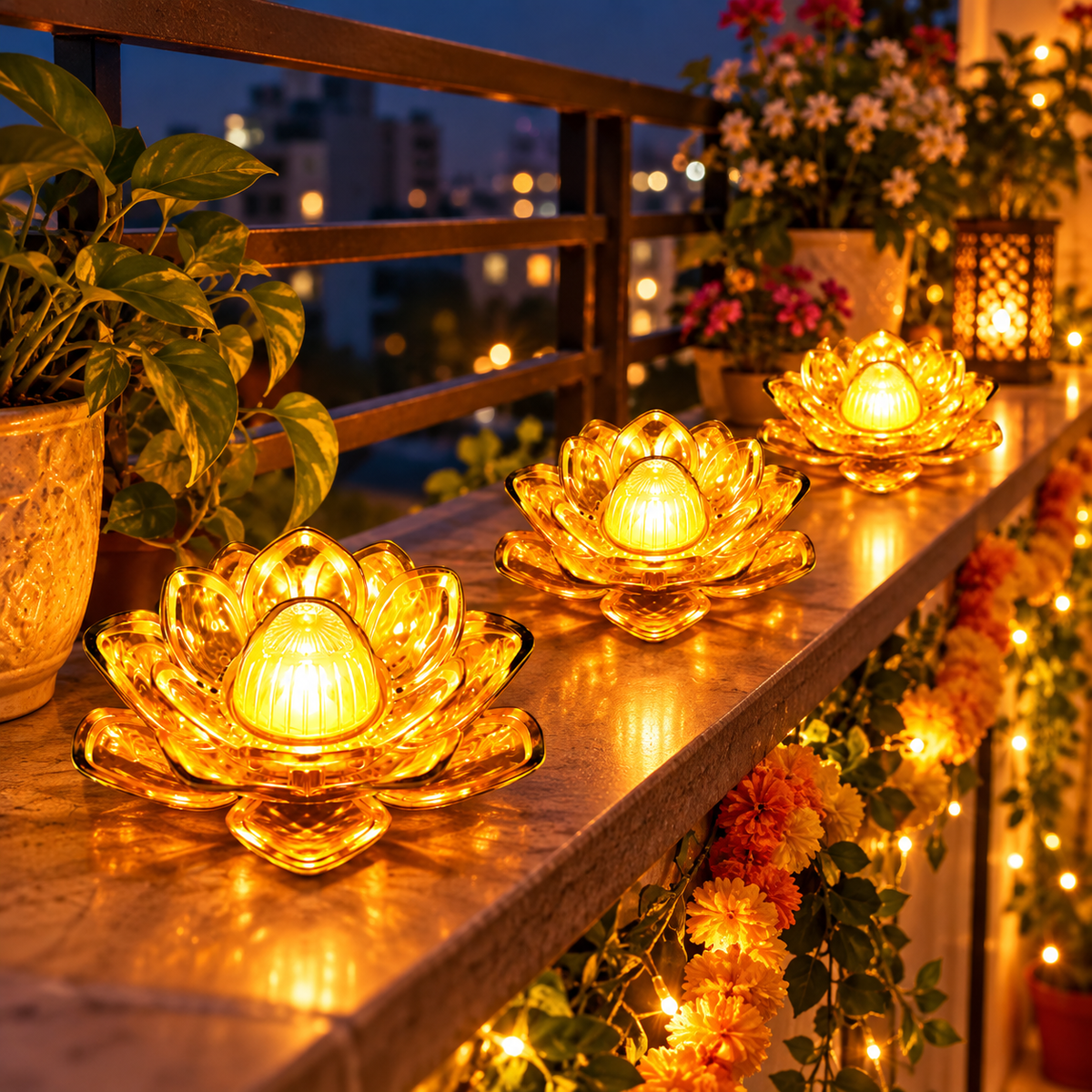 Gold Lotus Flower LED Tealight Candle for Diwali, Durga Puja, Christmas Festival