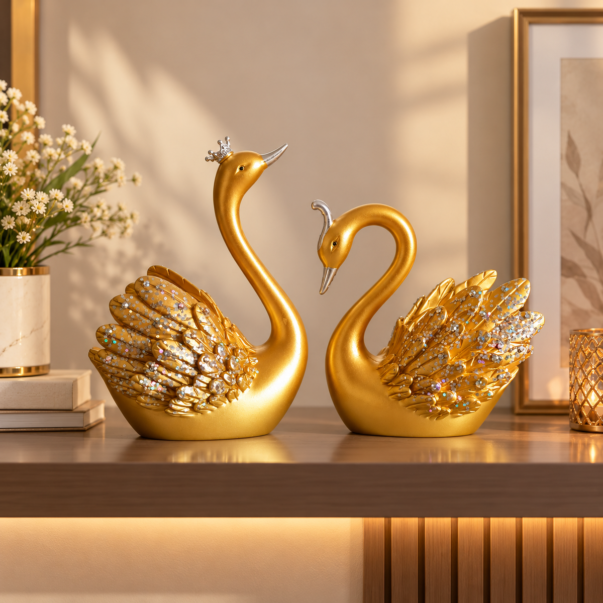 Lucky Swan Couple crystal wings showpiece for Home Living room Decor (Set of 2 Pc) (MEDIUM) (Gold)