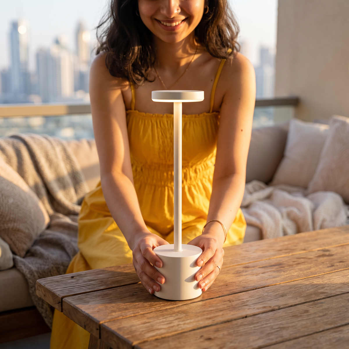 The Flair Store™ Round Stand LED Metal Table Lamp with Touch Control | Rechargeable Wireless Desk Lamp | Dimmable Warm Light (White)