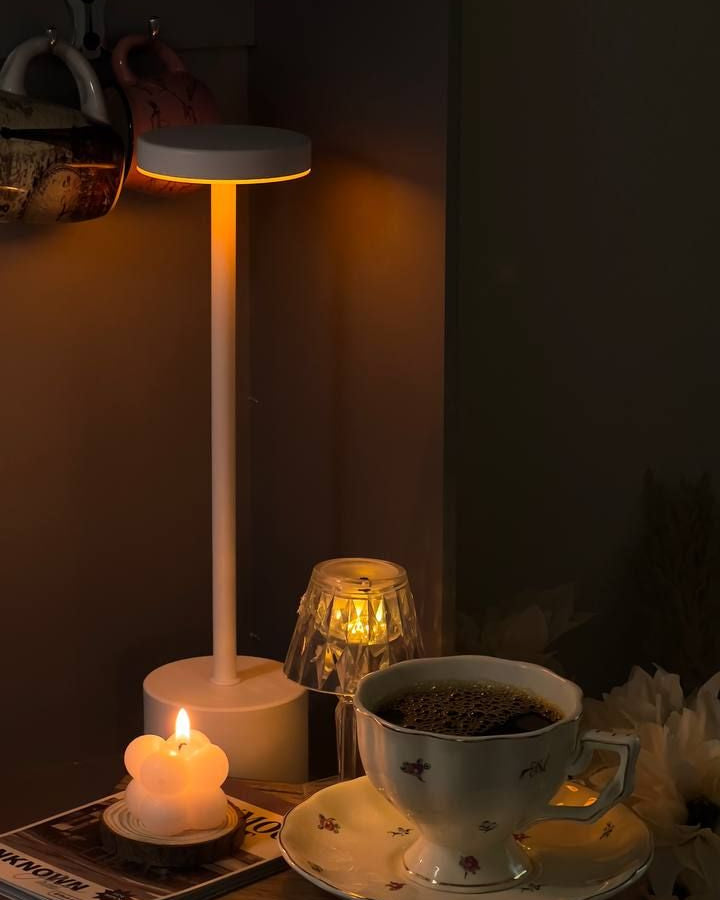 The Flair Store™ Round Stand LED Metal Table Lamp with Touch Control | Rechargeable Wireless Desk Lamp | Dimmable Warm Light (White)