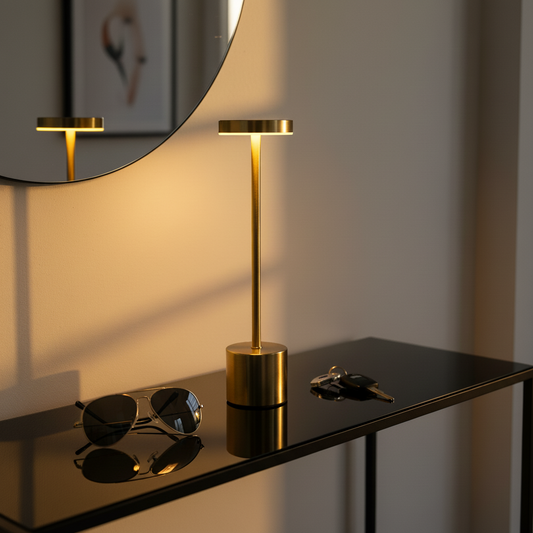 The Flair Store™ Round Stand LED Metal Table Lamp with Touch Control | Rechargeable Wireless Desk Lamp | Dimmable Warm Light