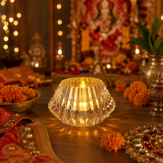 Crystal Diamond Shaped LED Diya for Diwali, Festivals, Puja & Luxe Home Decor
