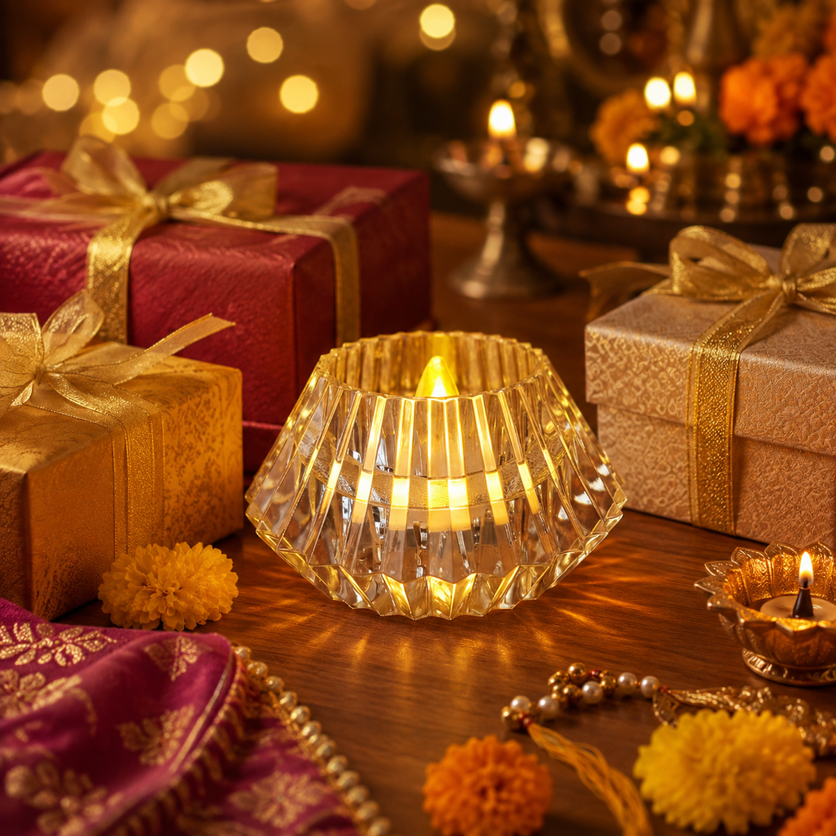 Crystal Diamond Shaped LED Diya for Diwali, Festivals, Puja & Luxe Home Decor
