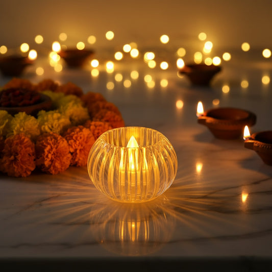 The Flair Store™ Crystal Round LED Diya for Home Décor, Festivals & Pooja, Diwali & Gifting