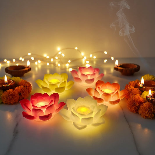 The Flair Store™ Silicone Colorful Lotus LED Candles | Soft & Safe Flameless Decorative Diya (Multicolor)